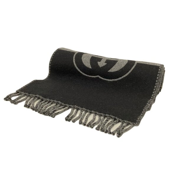 Auth GUCCI Black Gray Wool Cashmere Scarf - Picture 1 of 6